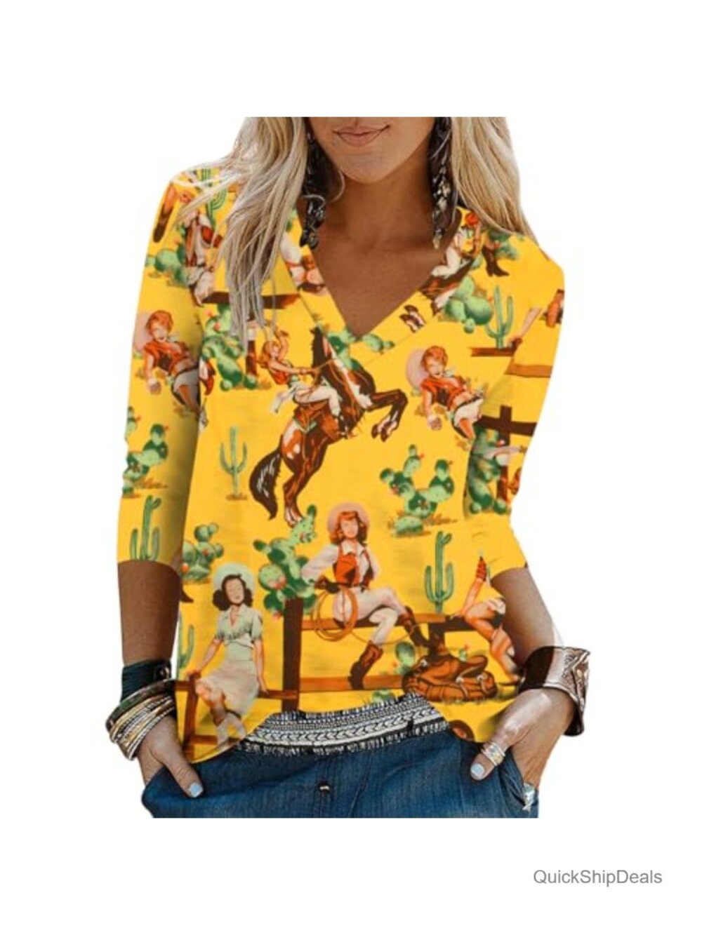 Womens 3/4 Sleeve V Neck Tunic Shirt Loose Fit Casual Blouse